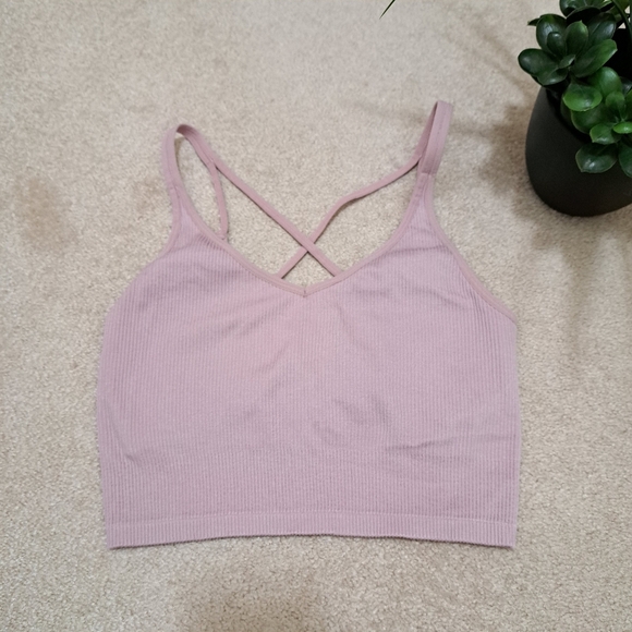 Lemon Set Of 2 Ribbed Yoga Bras Women's Size Large Cream Pink Seamless Lounge - Picture 7 of 15